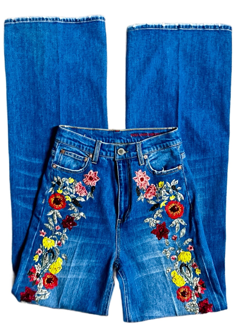 Alice + Olivia ~ Size 27 ~ Blue Denim W/ Multi-Colors Embroidery Floral Jeans - Picture 11 of 16
